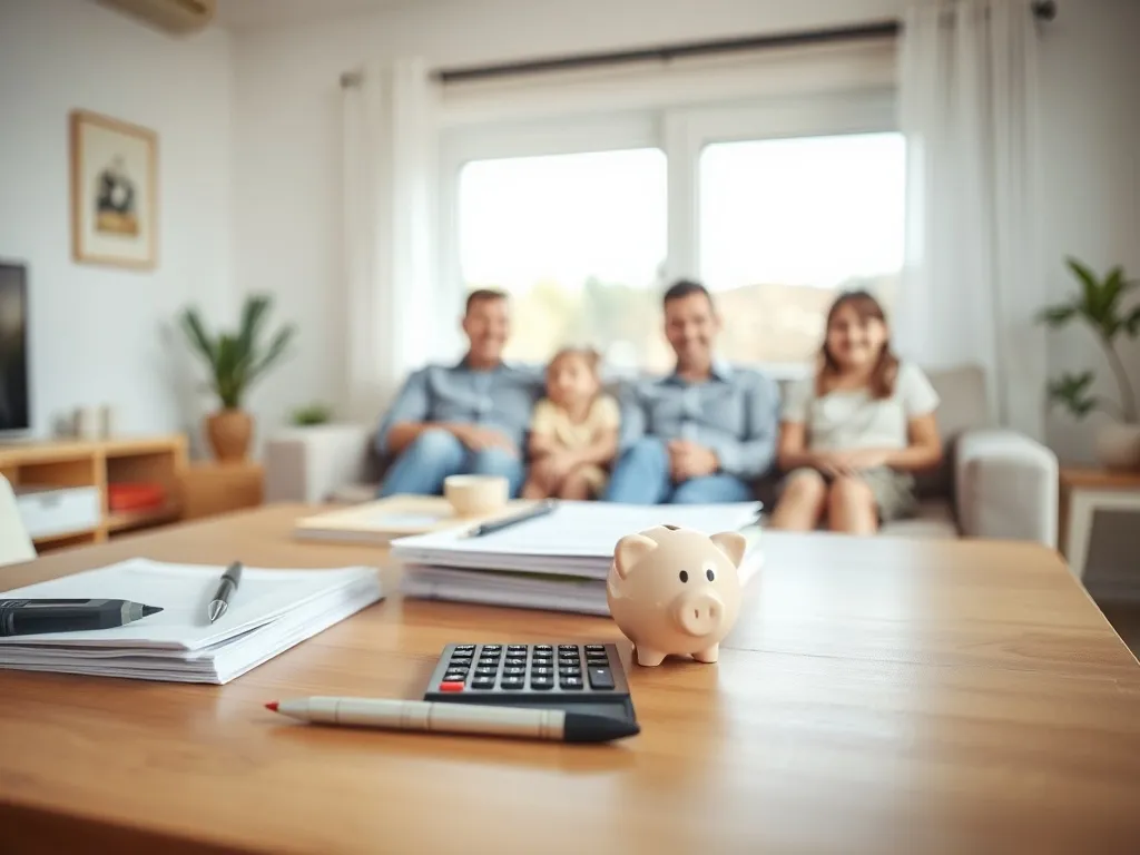 Rodzice z dwójką dzieci w przytulnym salonie, na stole dokumenty, kalkulator i skarbonka, planowanie ulgi na dzieci.