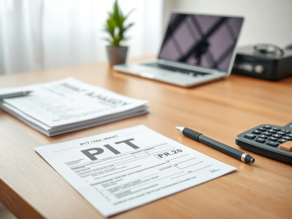 Biurko z formularzem PIT-37, długopisem i kalkulatorem, przygotowane do spokojnego, samodzielnego rozliczenia podatku.