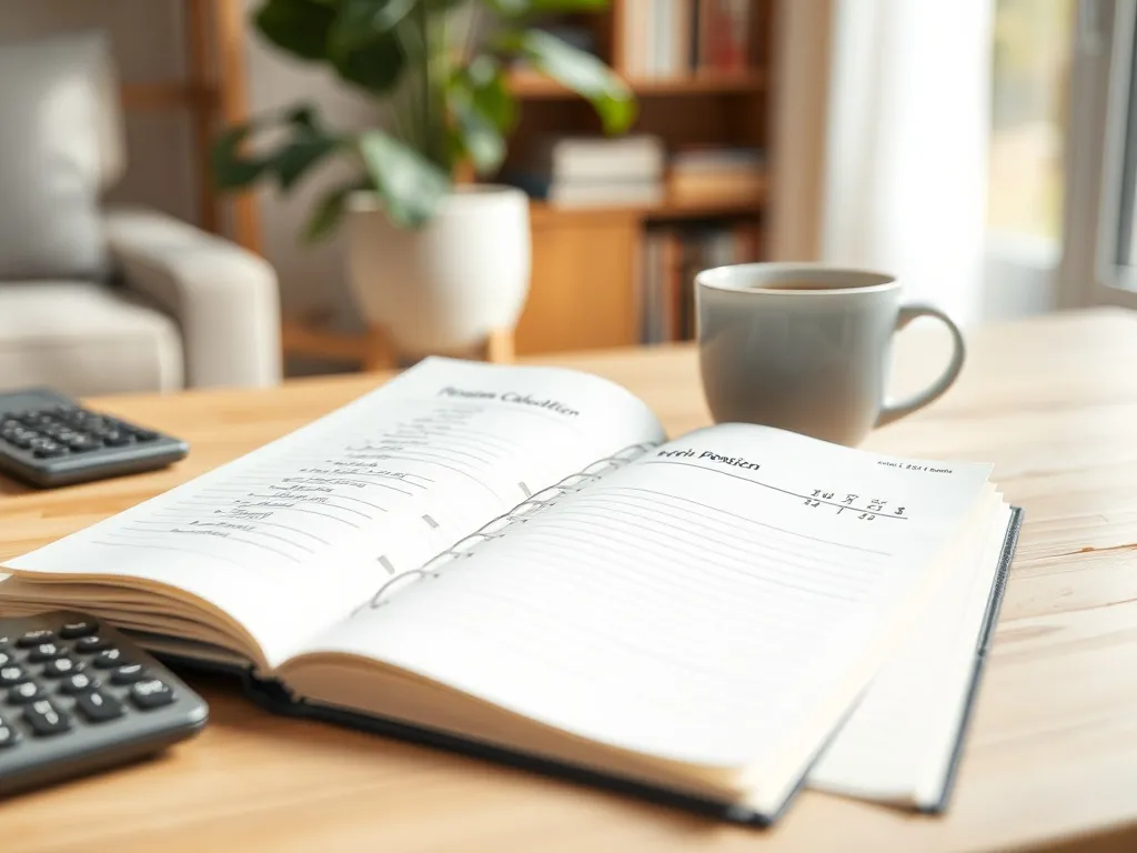 Notatnik z prostym schematem obliczeń emerytury obok kalkulatora i kawy, w domowej, spokojnej atmosferze planowania finansów