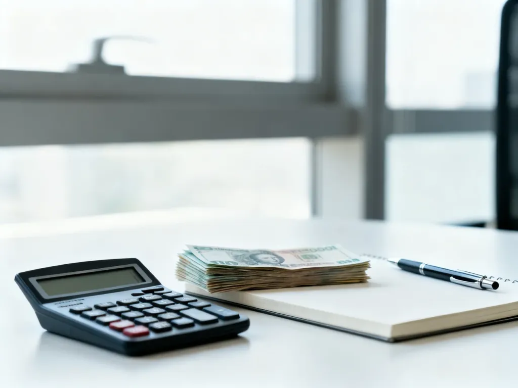 Biurko z kalkulatorem, notatnikiem i gotówką, symbolizujące planowanie finansów i obliczanie wynagrodzenia.