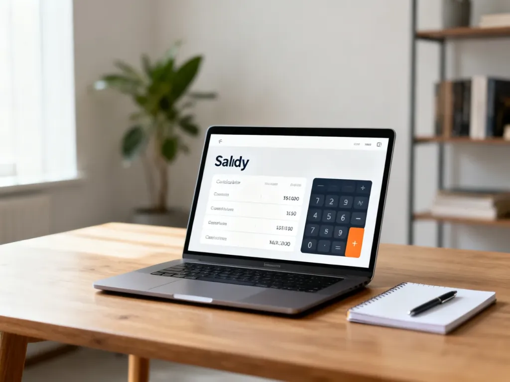 Laptop z prostym kalkulatorem wynagrodzeń na biurku w domowym biurze, obok notes i długopis, spokojna atmosfera pracy.