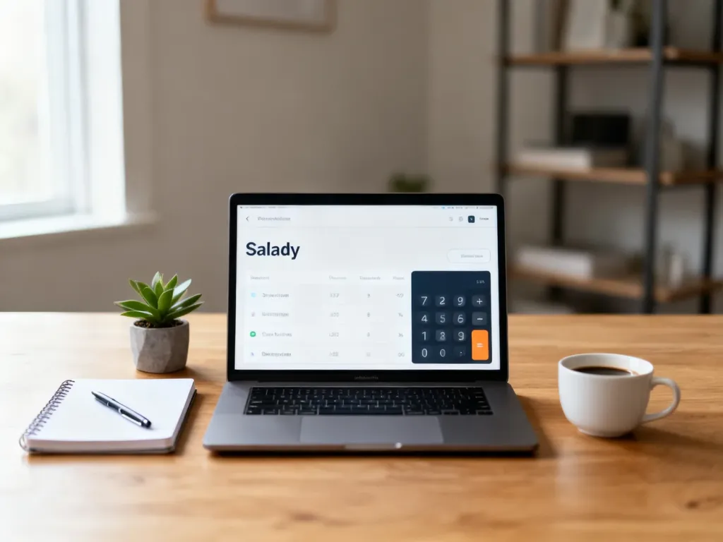 Laptop z prostym kalkulatorem wynagrodzeń na biurku w domowym biurze, symbolizujący obliczanie pensji brutto-netto.