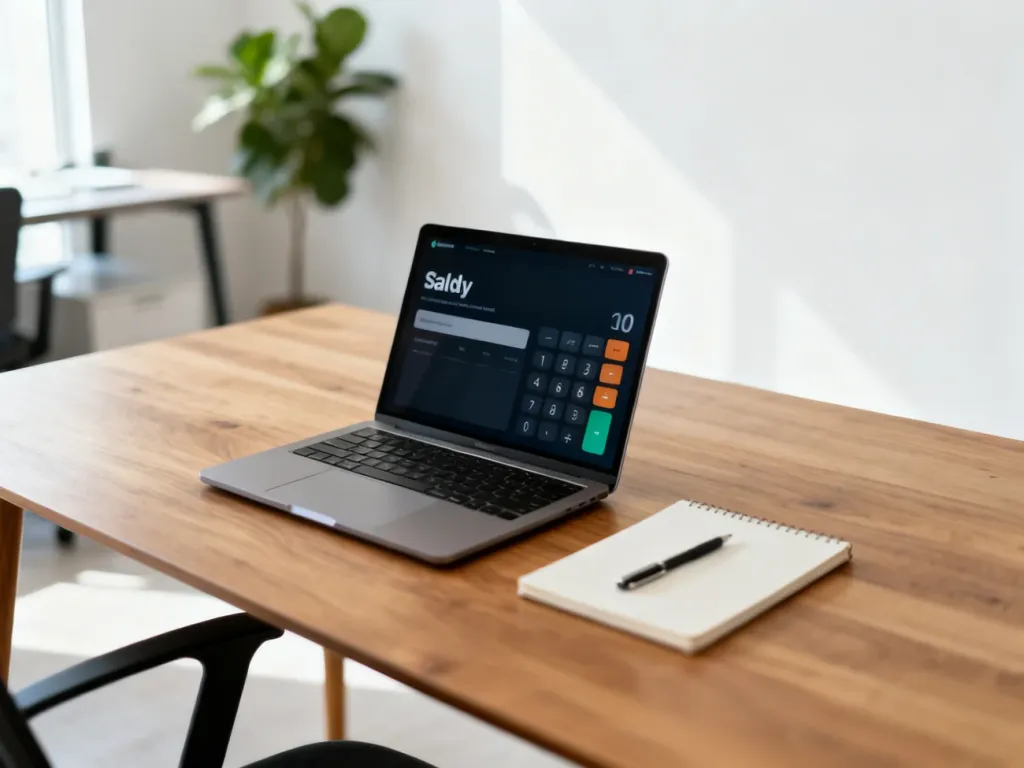 Laptop z prostym kalkulatorem wynagrodzeń na drewnianym biurku w domowym biurze, obok notatnik i długopis.