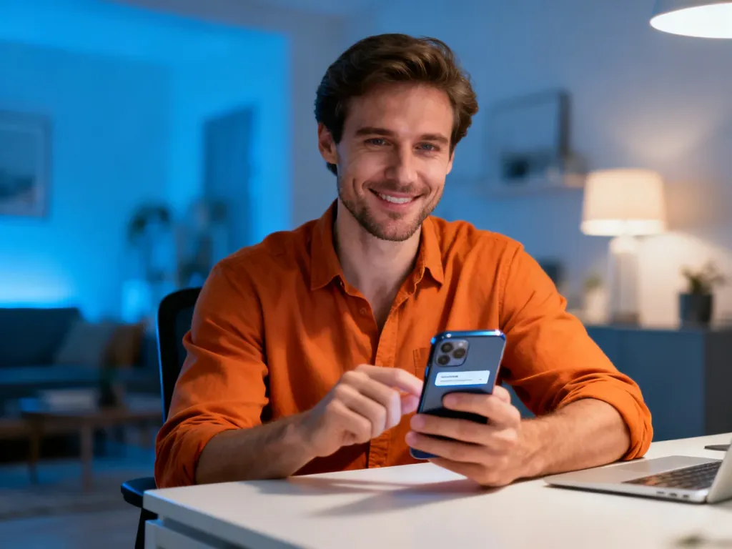 Mężczyzna korzystający ze smartfona w nowoczesnym biurze, logujący się do swojego konta w aplikacji Mój Orange.