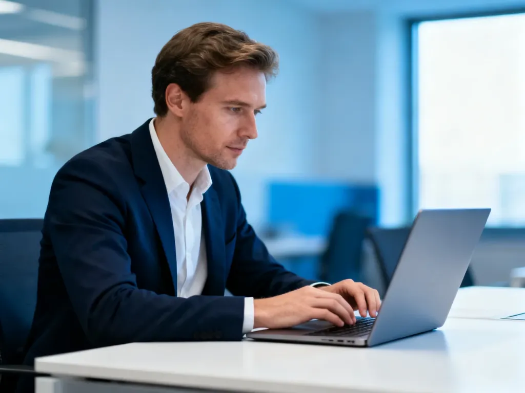 Mężczyzna pracujący przy laptopie w nowoczesnym biurze, ilustrujący proces logowania do konta Microsoft 365.