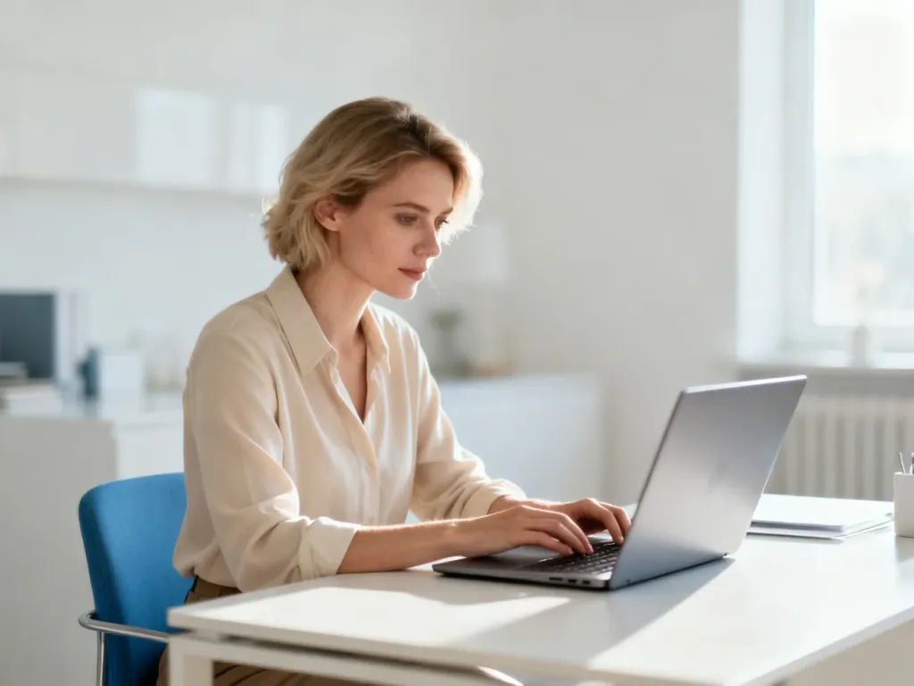 Kobieta pracująca przy laptopie w jasnym, minimalistycznym biurze, skupiona na obsłudze systemu online.