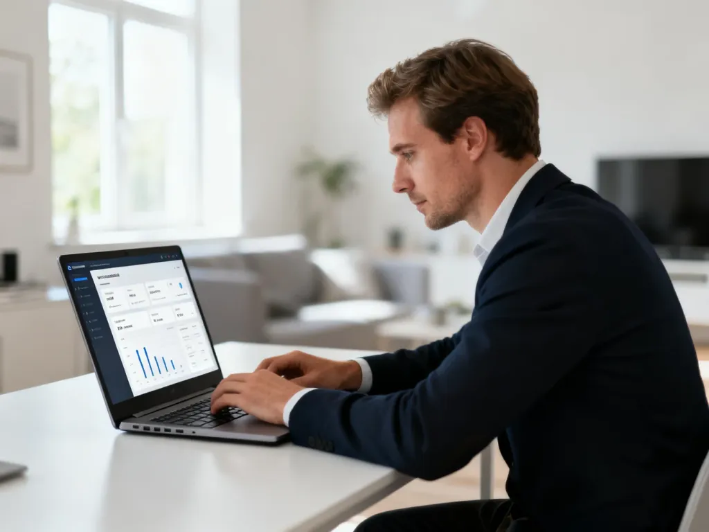 Mężczyzna pracujący przy laptopie z widocznym interfejsem panelu użytkownika w nowoczesnym biurze.
